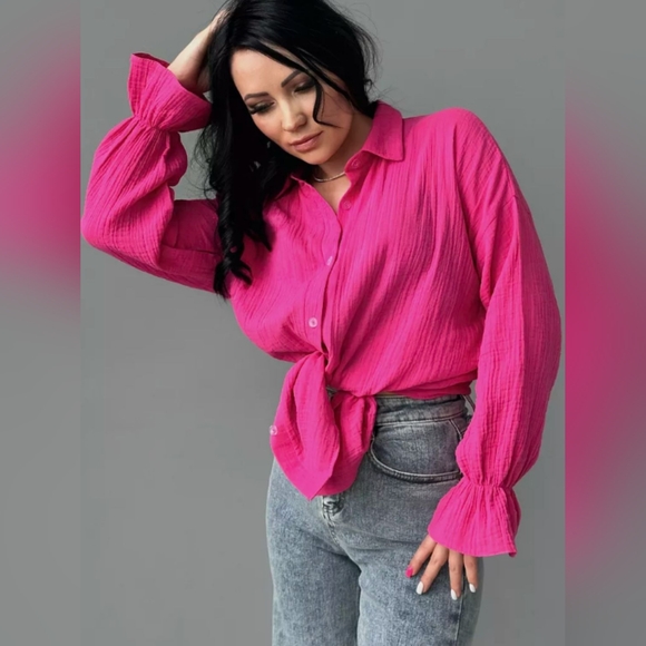 Textured Collared Neck Flounce Sleeve Shirt - Picture 2 of 6